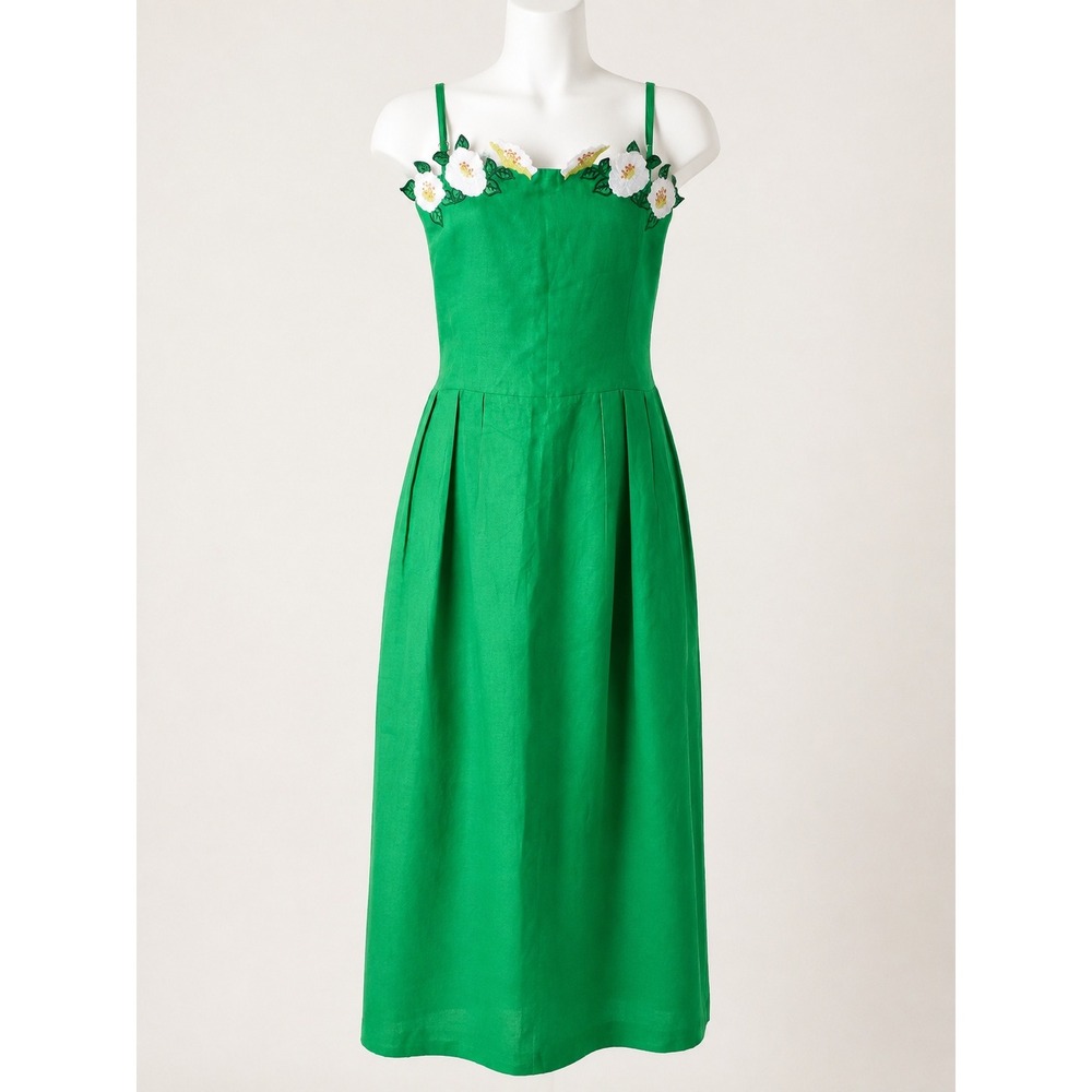 Fanm Mon Dress Size XL Green Linen Floral Embroidered Applique Midi Dress NWT